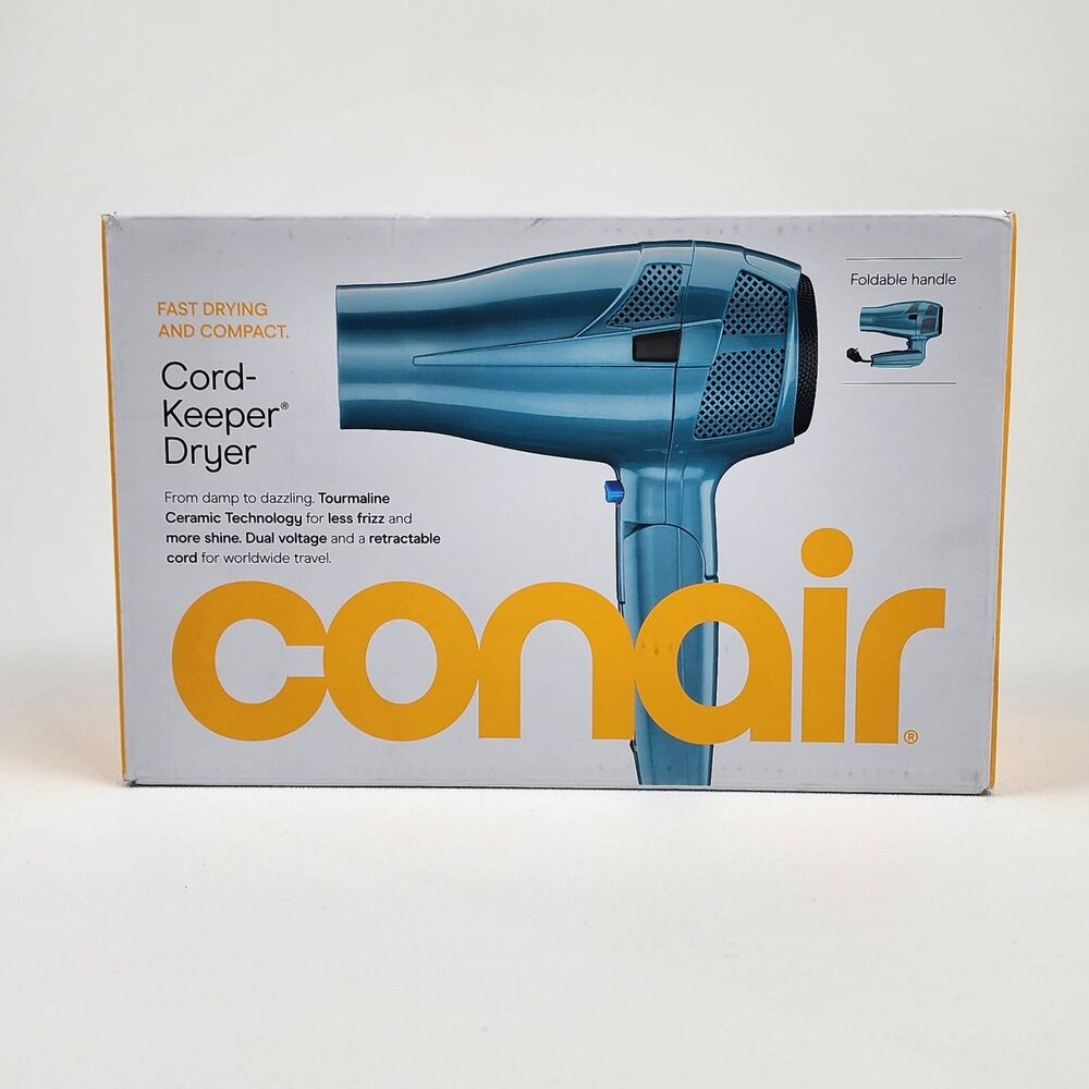 Conair Cord Keeper Hair Dryer 1875W Ionic Folding Handle Retractable Cord Teal